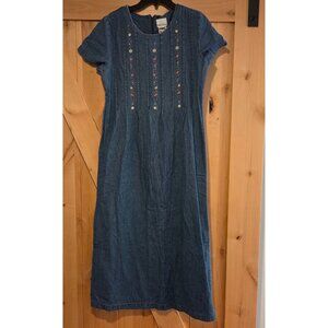 Vtg. Bobbie Brooks Dress Cottage Maxi Sz M Embroidered Floral Denim Modest Tie